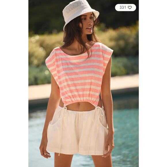 By Anthropologie Cutout Striped Button Back Romper in Coral Size L NWT $98 - Picture 2 of 5